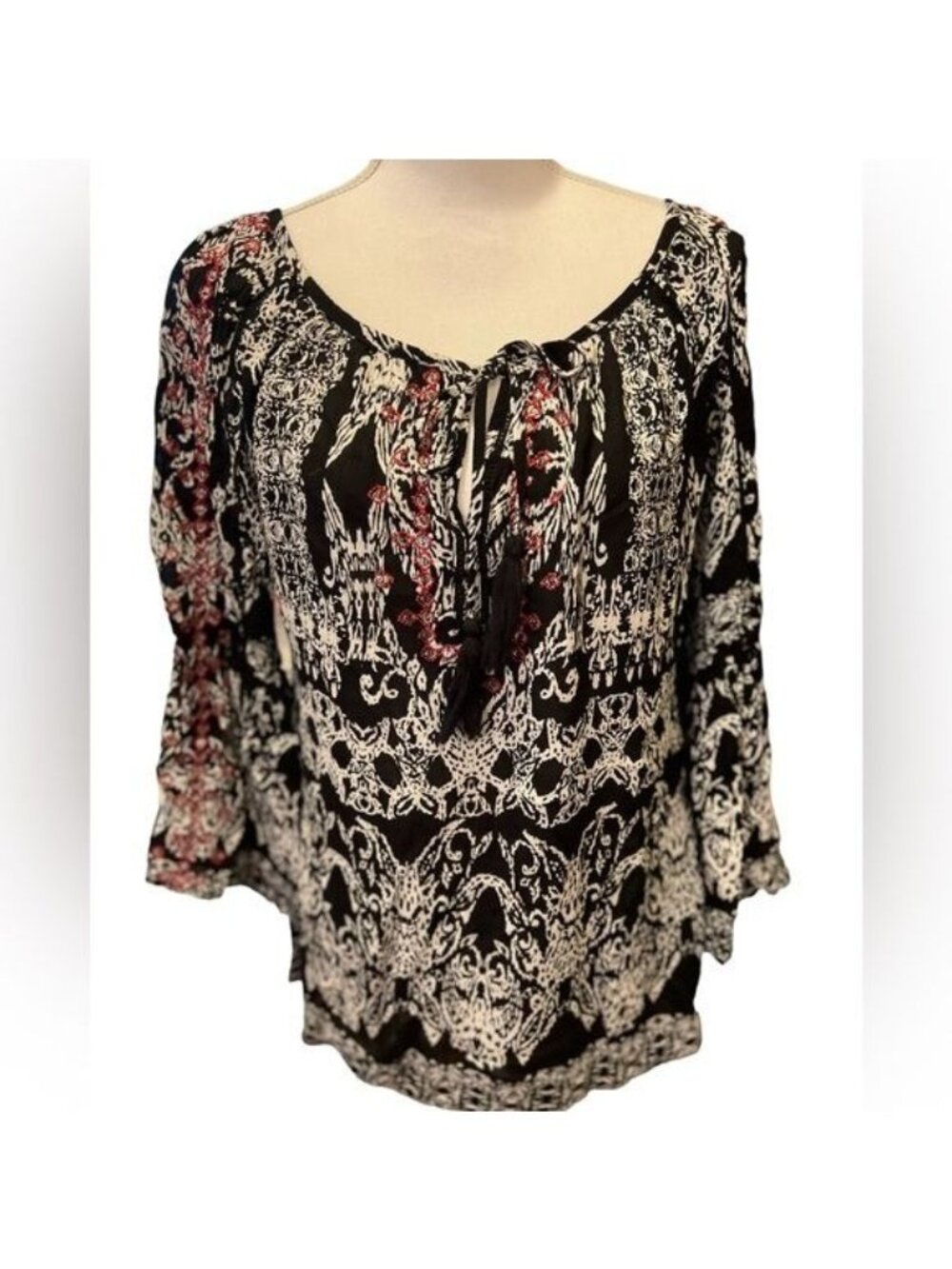 Soft Sorroundings Blouse Grace Embroidered black white tunic Size XS Boho Sequin